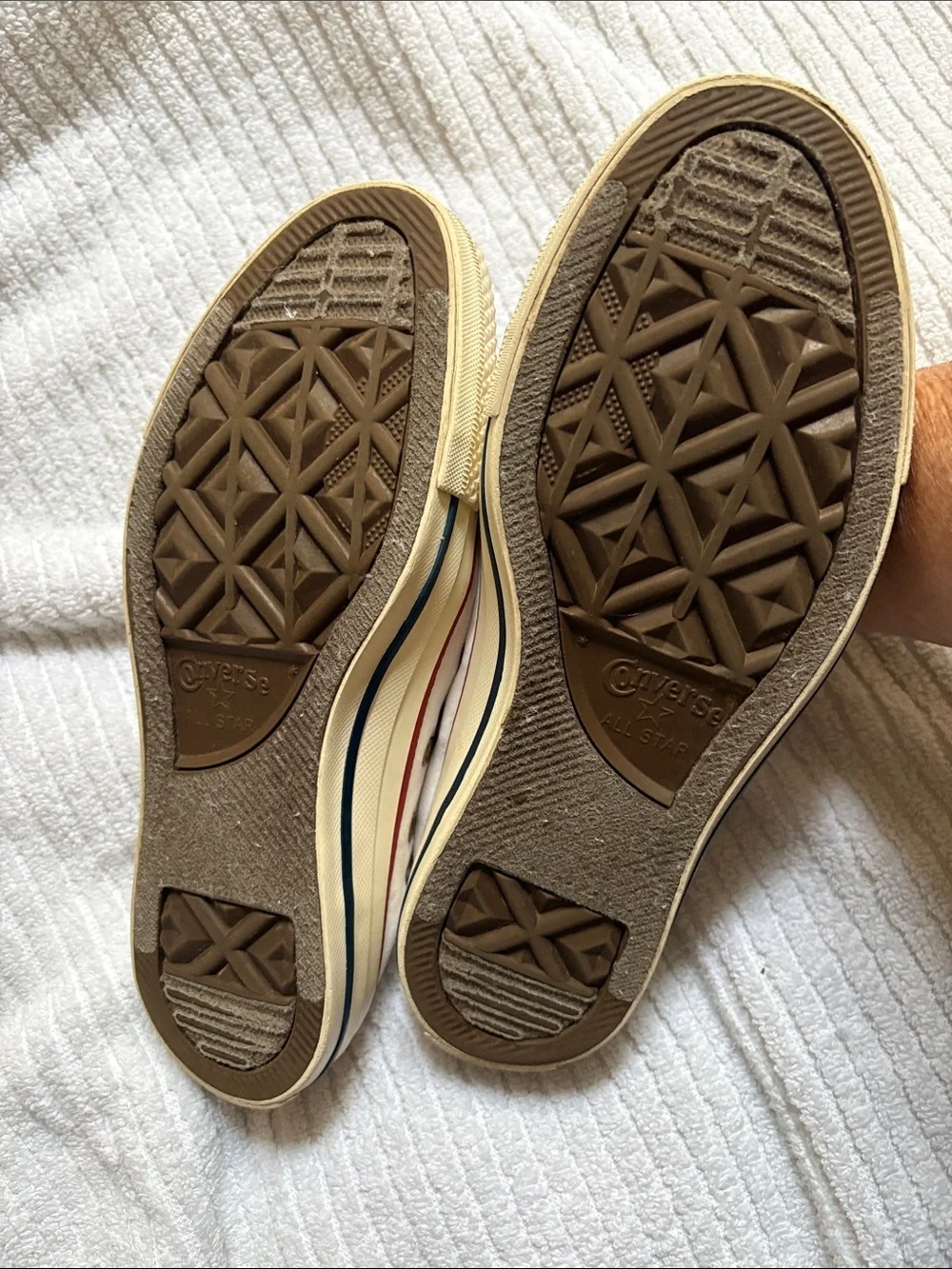 Converse Low-Top Canvas Sneakers in Cream with Tan Laces and Red Trim